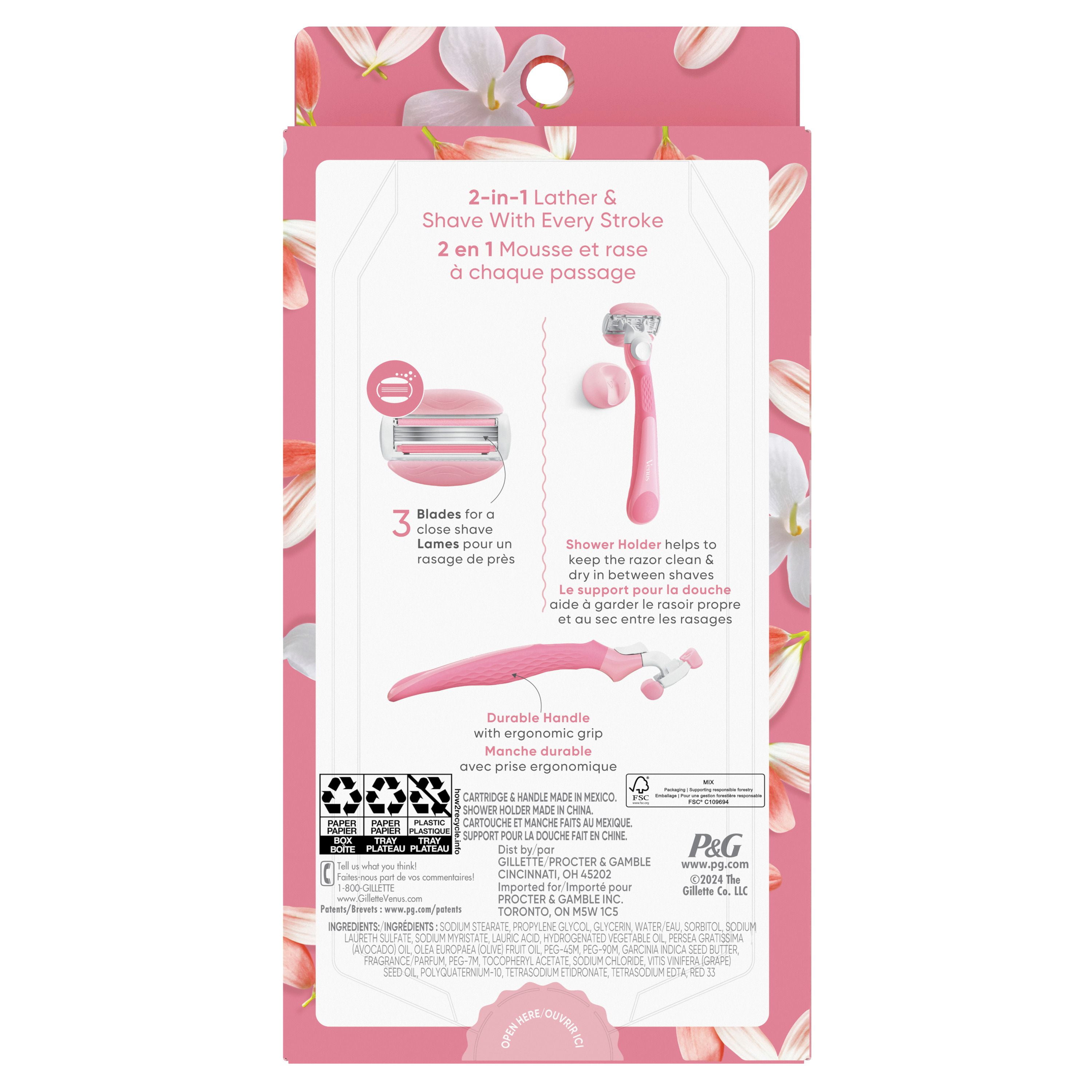 Rasoir Venus GlisseConfort pour femmes, parfum de thé blanc, manche de rasoir réutilisable, 2cartouches de rechange et un support pour la douche 1CT