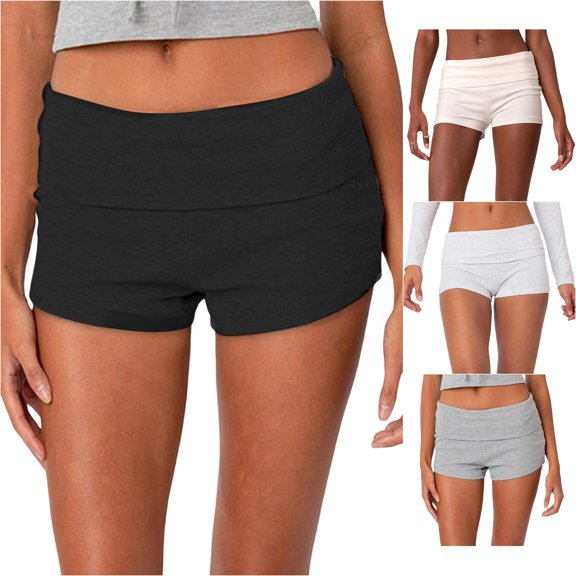 XIAONU Women's Solid Fold Over Waist Shorts Elastic Waist Side Pockets Shorts