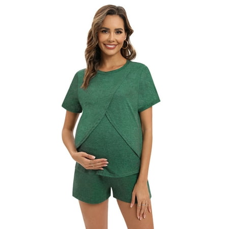 

Baywell Women s Maternity Nursing Pajama Set 2 Piece Short Sleeve Top and Shorts Sleepwear Breastfeeding Sleepwear Pregnancy Green S-2XL