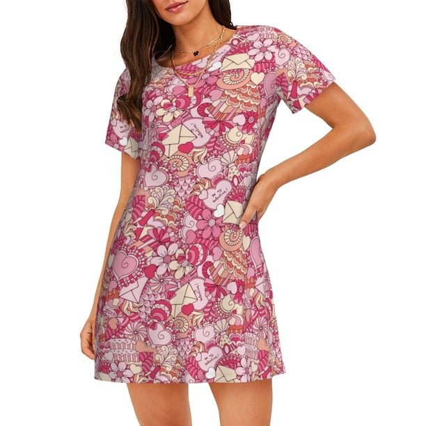 Fotbe Sweet Bata de Dormir para Mujer con Estampado, Camisón de Algodón de Manga Corta, Ropa de Dormir Casual