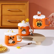 Halloween Pumpkin Coffee Mug, Cute Ceramic Pumpkin Cup Halloween Mug with Lid, Pumpkin Ghost Cup Theme Party Favor Ceramic Cups