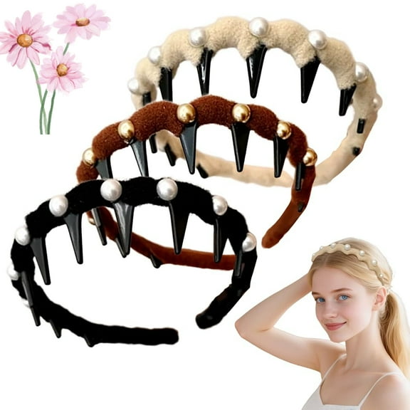 3PCS Vintage High Cranium Artificial Pearl Hairband, Pearl Headbands for Women Girls, Non-Slip Hair Bands with Teeth Hoop, Hair Accessories for Daily Wear and Parties (3PCS, M)