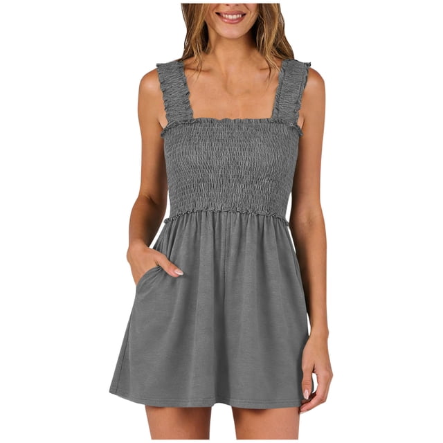 RXMEKW Strapless Smocked Jumpsuit with Ruffle Straps for Women Wide Leg Short with Pockets Olive