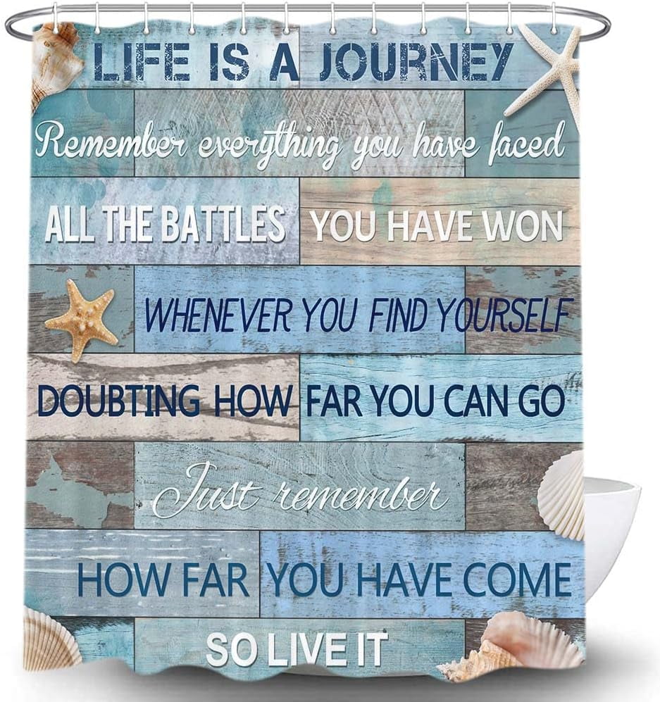 Beach Quotes Shower Curtain, Inspirational Motivational Starfish Seashell Ocean Theme Bathroom Curtain, Rustic Vintage Wood Nautical Coastal Fabric Waterproof Polyester with Hooks