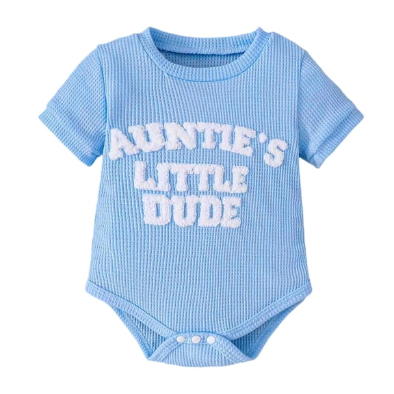 BAOAOER Aunties Little Dude Baby Clothes Newborn Boy Summer Outfit Embroidery Letter Bodysuit Short Sleeve Waffle Romper
