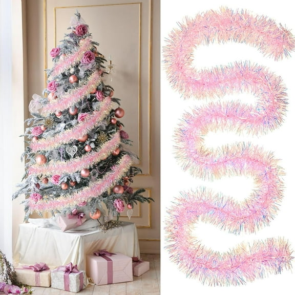 6.56 ft Pink Tinsel Garland Pink Glittering Decoration Metallic Garland for Valentine Birthday Wedding Party Easter Halloween Holiday Festivities Indoor Outdoor Home Christmas Decor Supplies, 2 Pack