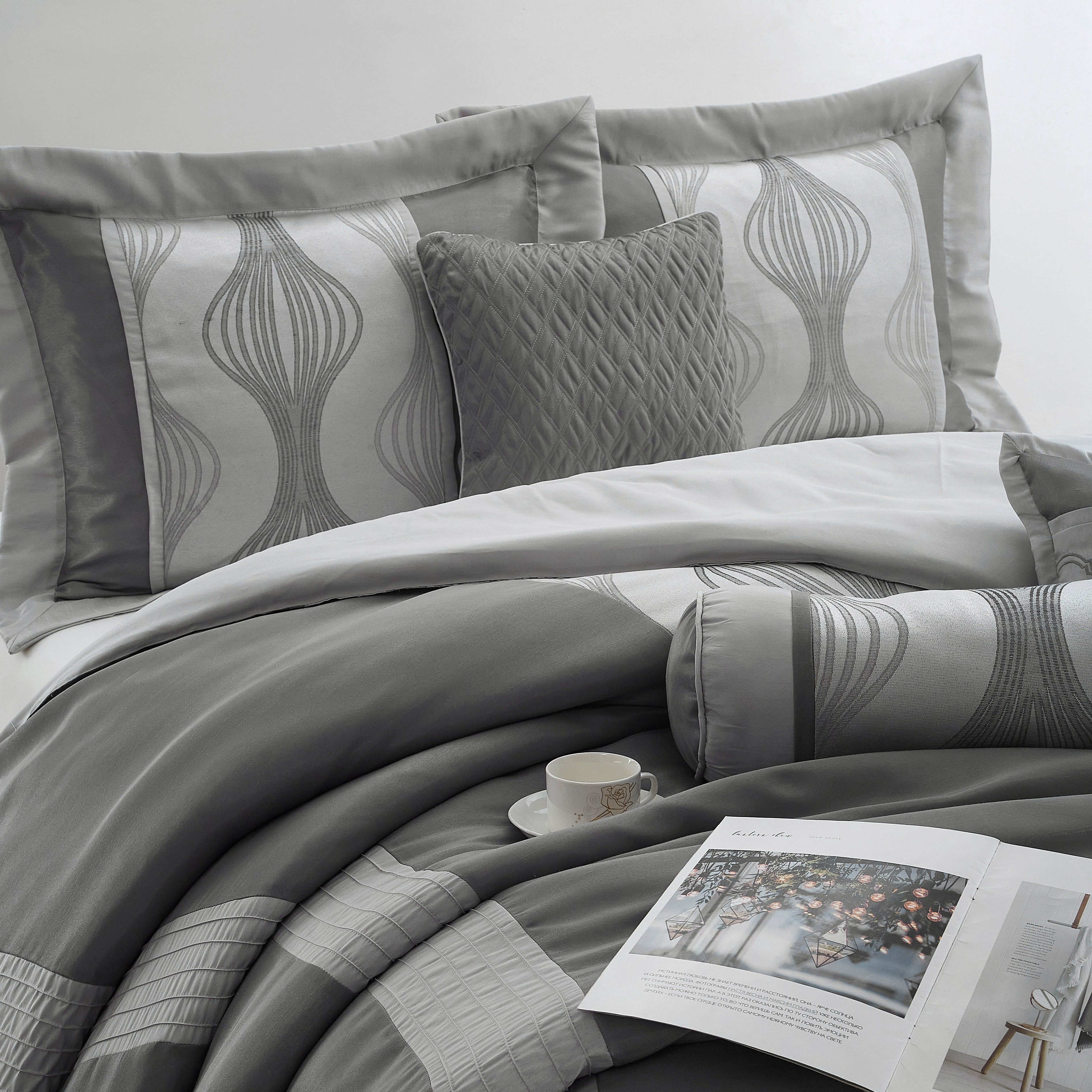 Kath 7 Piece Comforter Set, California King, Grey