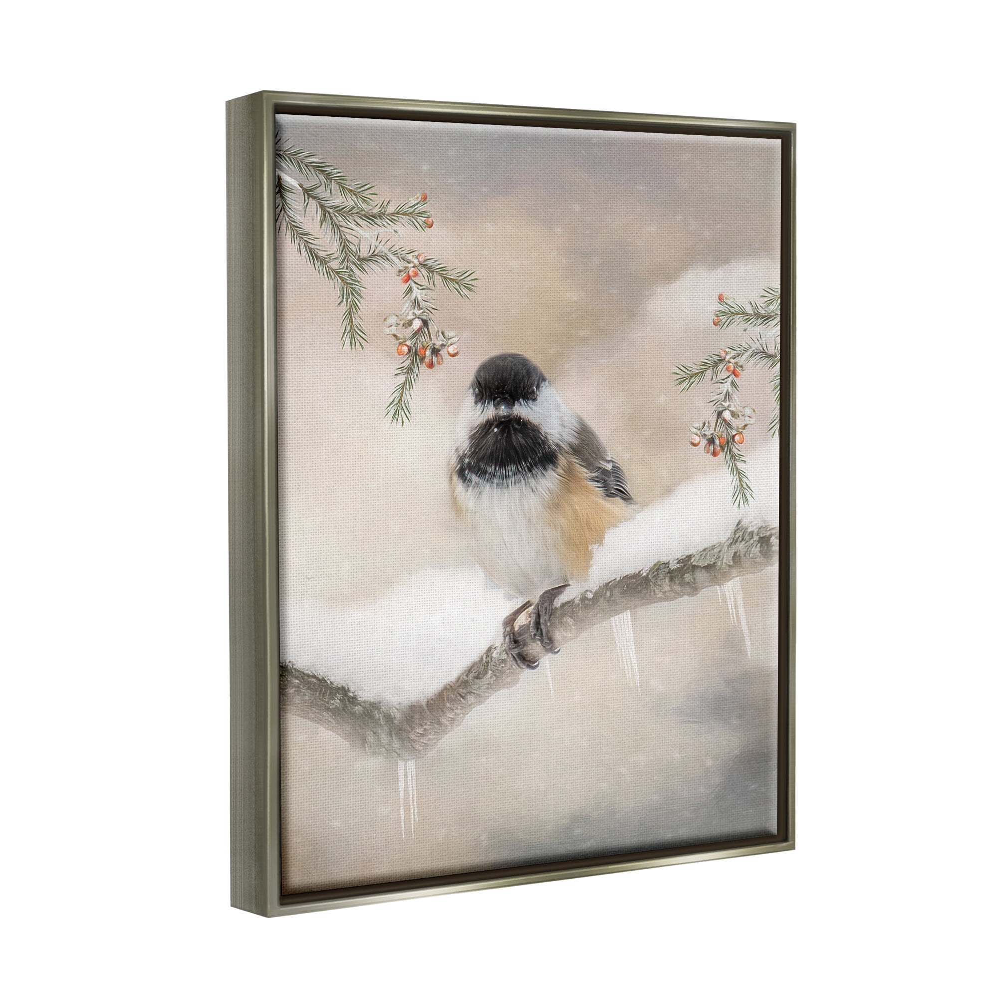 Stupell Industries Bird on Winter Branch Animals & Insects Painting Gray Floater Framed Art Print Wall Art, 17 x 21