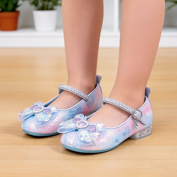 Gyujnb Toddler Girls Glitter Butterfly Mary Jane Shoes Low Heel Rhinestone Strap for Formal Parties,3.5-4 Years