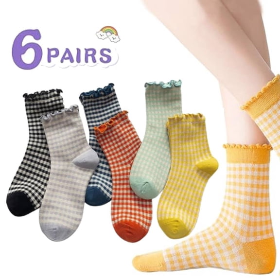 6 Pairs Athletic Socks for Women, Ruffle Socks Non Slip Frilly Dress Cotton Grips Socks, Cute Gingham Ruffle Socks
