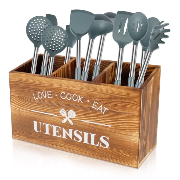 AEVXKHI Wooden Kitchen Utensil Holder 3 Compartments Large Kitchen Utensil Caddy Organizer Sturdy Silverware Holder Farmhouse Wood Cooking Utensil Stand for Kitchen Countertop Farmhouse