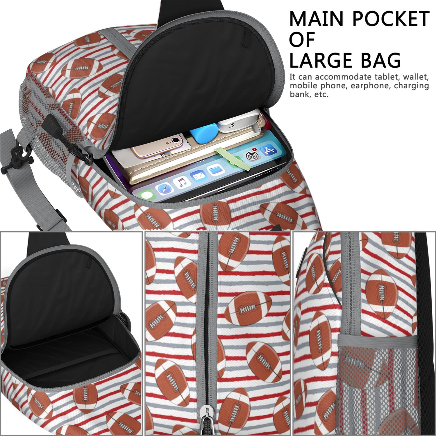 Baseball and Football Print Sling Bag for Boys – Lightweight Durable Polyester Crossbody Backpack with Secure Zippers, Large Compartments, Mesh Side Pockets for Training, Competition, and Outdoor Play