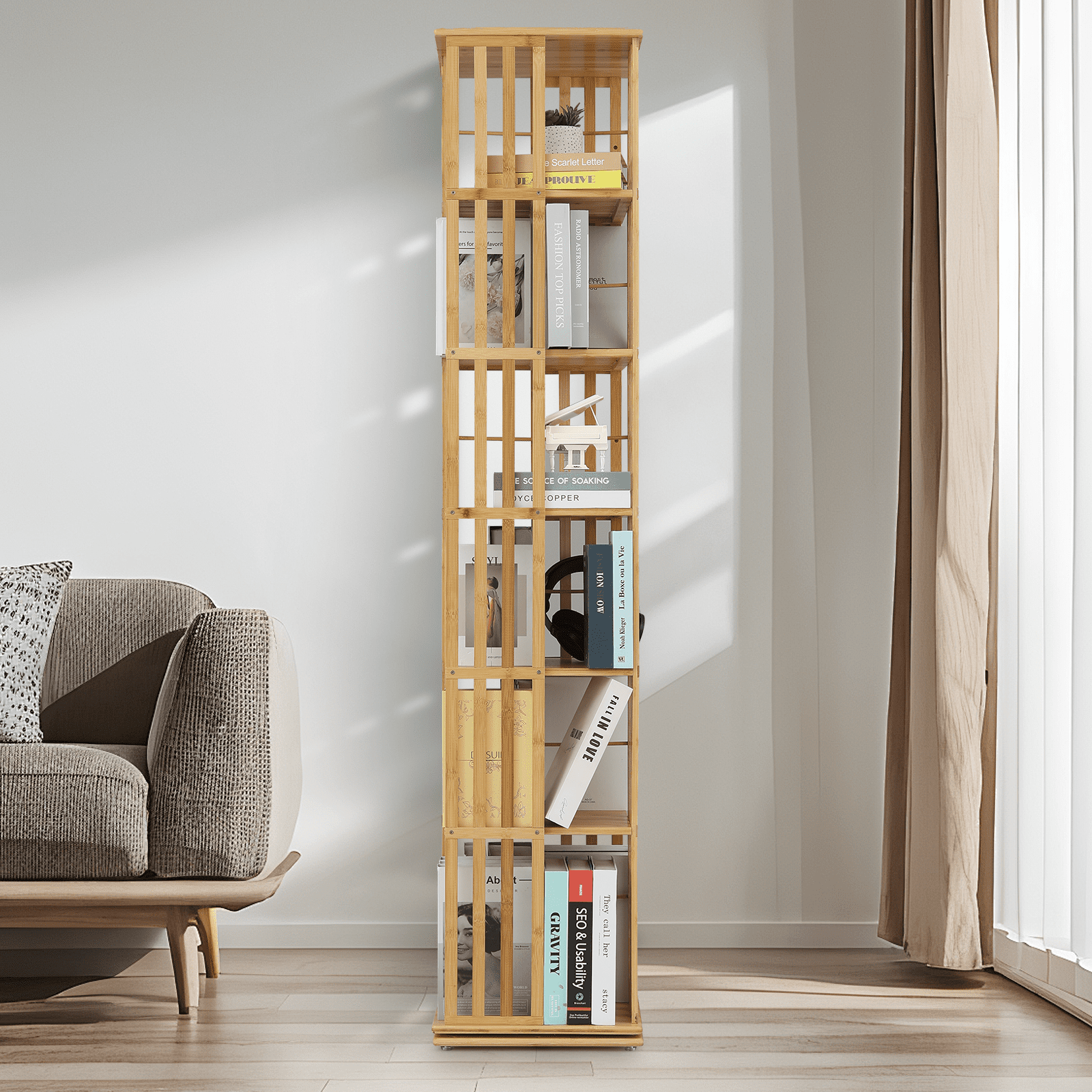 Magshion Bamboo Revolving Bookshelf 360 Degrees, 6-Tiers Free Standing Rotating Bookcase, Storage Rack for Home, Study, Office, Natural