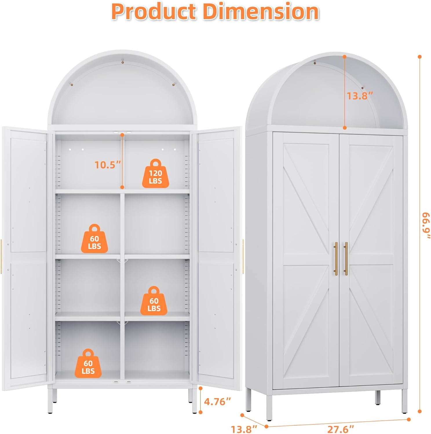 Metal Arched Kitchen Pantry Cabinet with 4 Adjustable Shelves, Farmhouse Arched Cabinet with 2 Doors for Kitchen,Bedroom,Living Room,White, Assemble Required,13.8" D x 27.6" W x 66.9" H