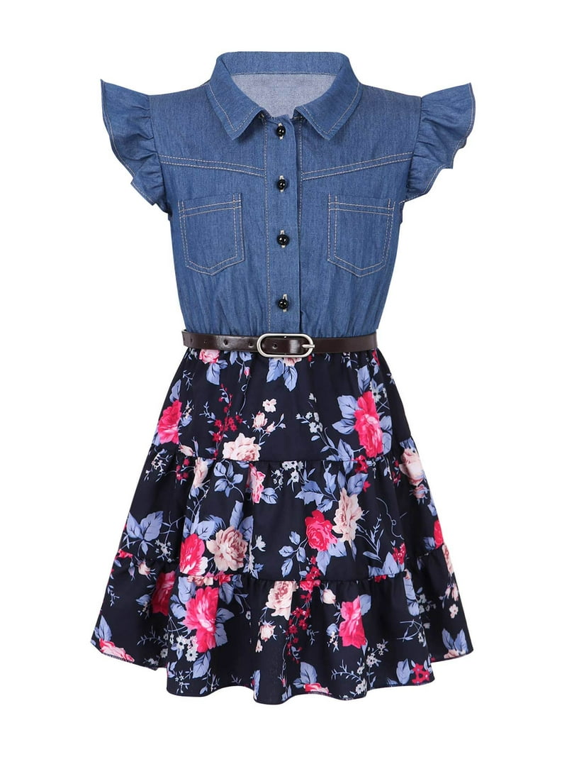 Miutii Kids Girls Summer Casual Floral Denim Dress Ruffle Sleeve Top Jean  Dress and Belt Sundress Navy Blue 14 - Walmart.com