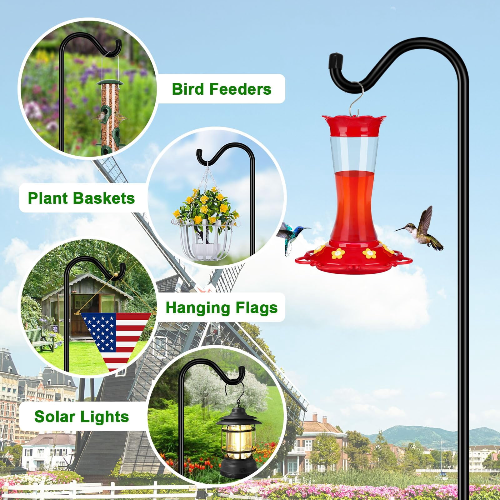 Adjustable Shepherd Hook Bird Feeder Pole With 7 Prongs Base  108 Inch Tall 5/8 Thick Heavy Duty Outdoor Poles For Hanging Feeders Plant Baskets Black (1 Pack)