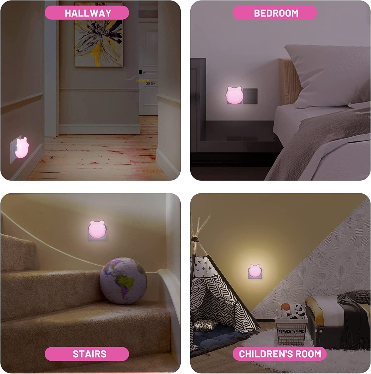 2Pcs Children's Night Light, Baby Room Night Lamp, Automatic Orientation Light, Children's Bear Night Lamp for Children's Room, Bedroom, Kitchen, Bathroom (Pink)