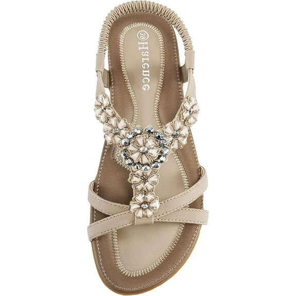 HARENCE Sandals Women Summer Flats: Comfortable Elastic Ankle Strap Dress Flat Shoes Casual Slip on Open Toe Bling Bohemian Beach Sandal |