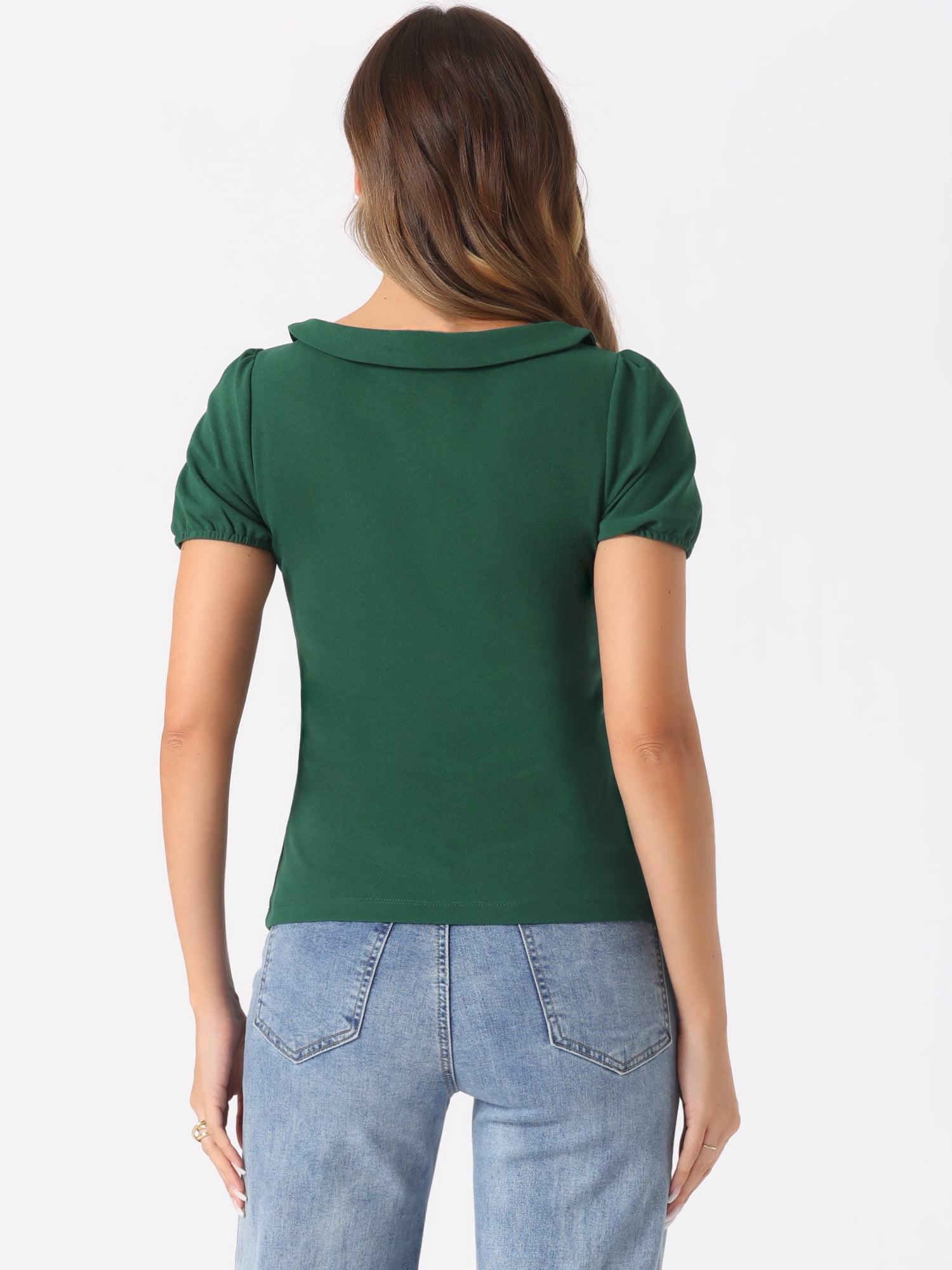 DARING DIVA Flat Collar Elastic Cuff Bow Decor Blouse S Dark Green