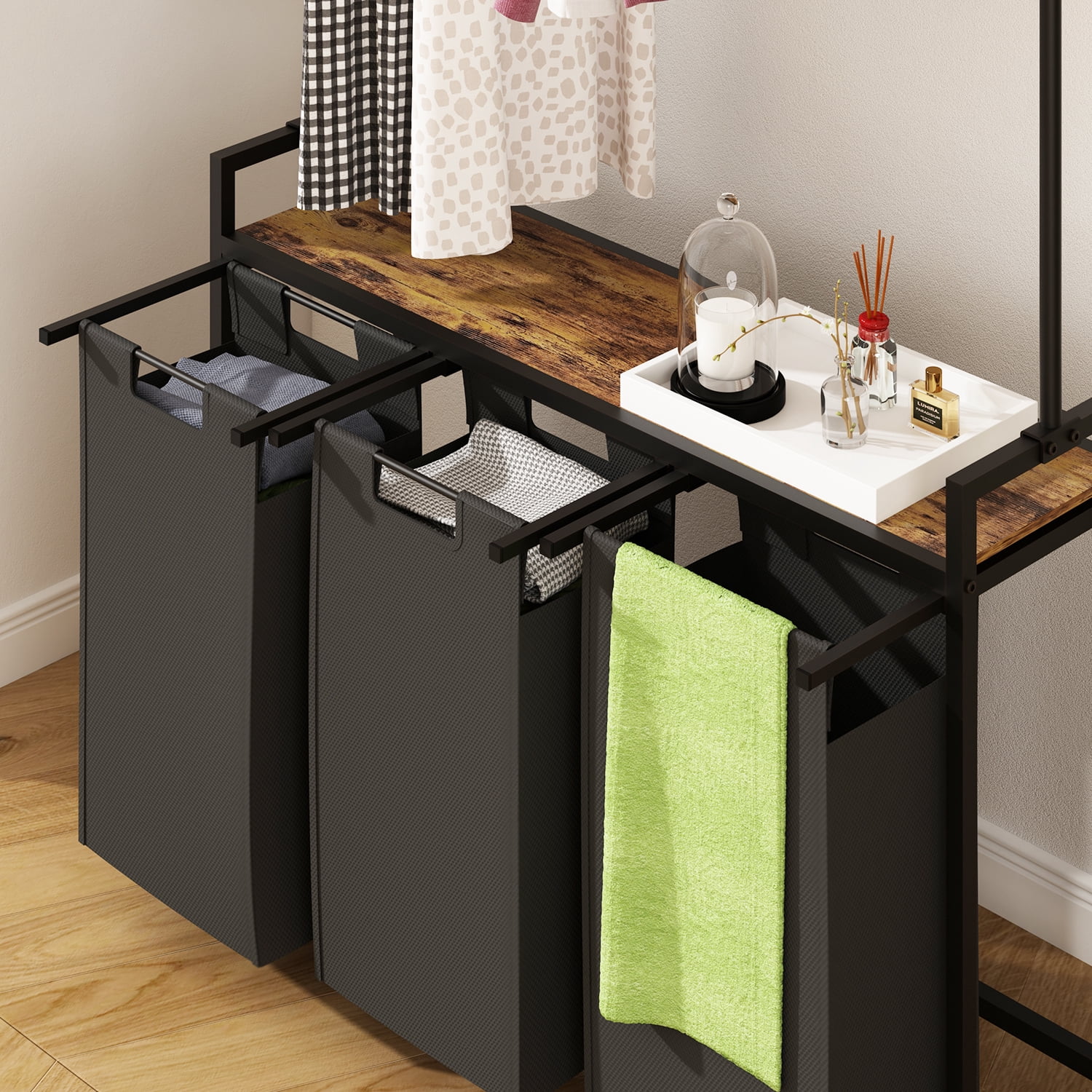 LENLN Large Laundry Hamper with Clothes Rack Hanging Bar, 3 Section Pull-Out & Removable Sorter Bags, Freestanding Laundry Basket Organizer for Bathroom
