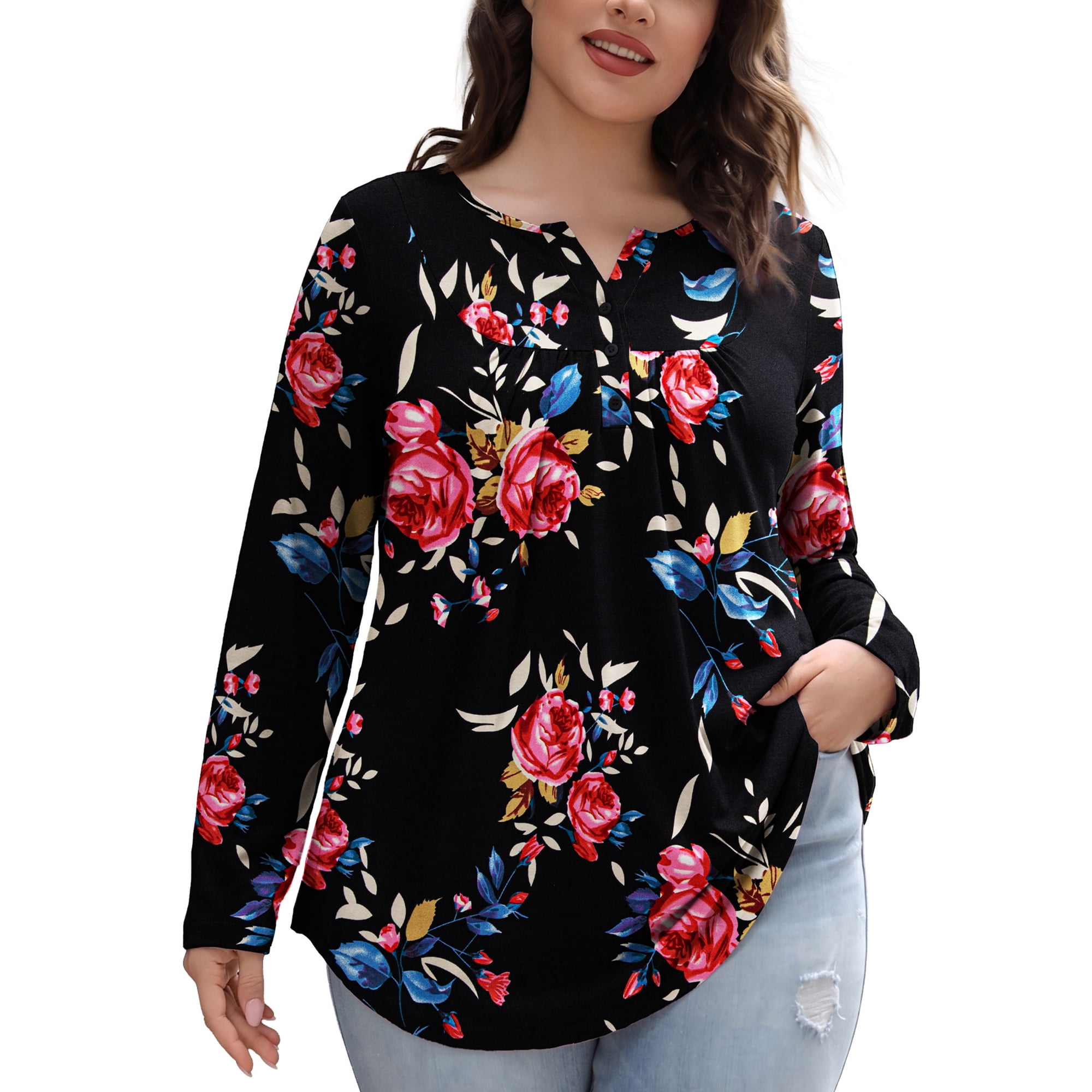 a.Jesdani Women's Plus Size Tunic Tops Long Sleeve V Neck Casual Blouses m-4x