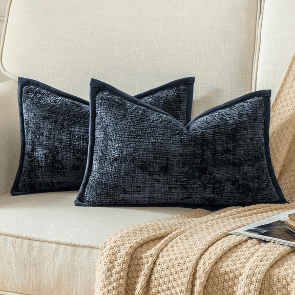 Eryueer Pack of 2 Chenille Textured Decorative Cushion Covers Accent Solid Throw Pillow Covers Soft Cozy Pillow Case with Velvet Back for Couch Sofa Bed Living Room 12x20 Inch 30x50cm Dark Blue