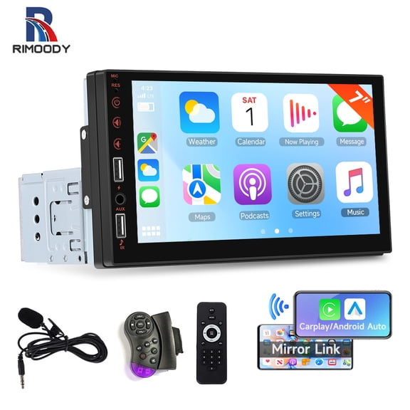 Rimoody 7 in Single DIN Car stereo Radio with Wireless CarPlay Android Auto, Bluetooth/Mirror Link/SWC Backup camera