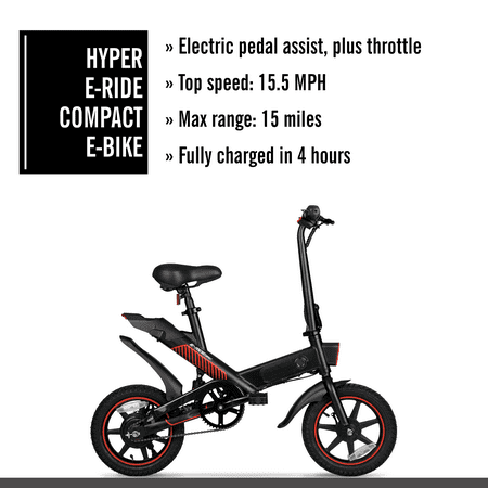 Hyper - Foldable Compact Electric Bike w/ 15 mile Max Operating Range & 15.5 MPH Max Speed - Black