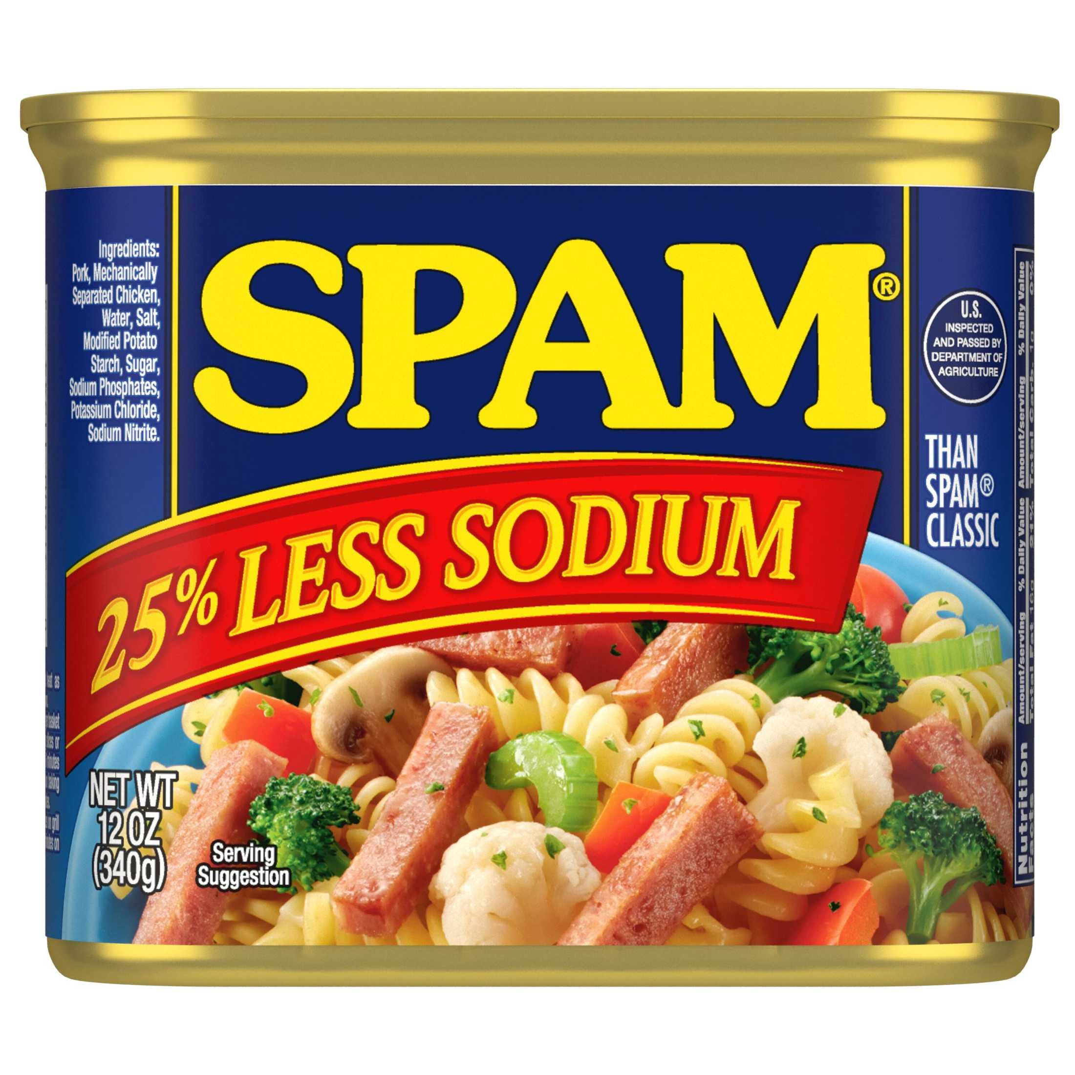 SPAM 25% Less Sodium, Canned Meats, 7 g Protein, Shelf-Stable, 12 oz Aluminum Can