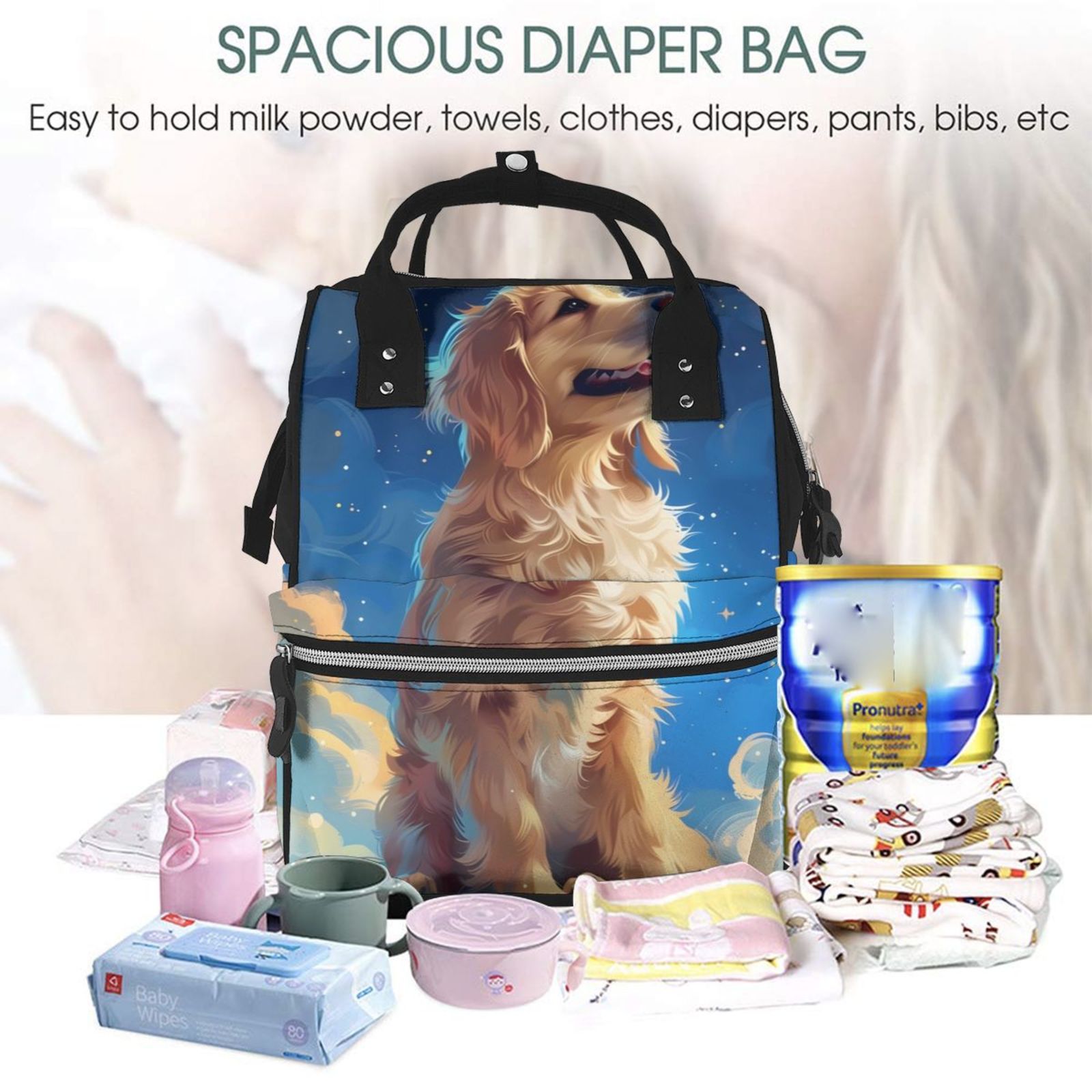Fuzoiu Starry Sky Cloud Dog Print Diaper Bag Backpack,Baby Essentials Travel Tote,Multi function Waterproof Diaper Bag, Travel Essentials Baby Bag - Unisex