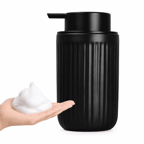 BosilunLife 12 oz Ceramic Foaming Soap Dispenser - Foaming Hand Soap Dispenser for Bathroom, Refillable Liquid Lotion Soap Dispenser with Rust-proof Foaming Pump (Striped Cylinder, Black)