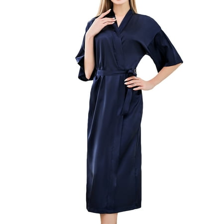 

Homgro Women s Silk Robe Lightweight Half Short Sleeve Knee Length Satin Kimono Robe Summer Bathrobe Sleepwear Navy Blue Small