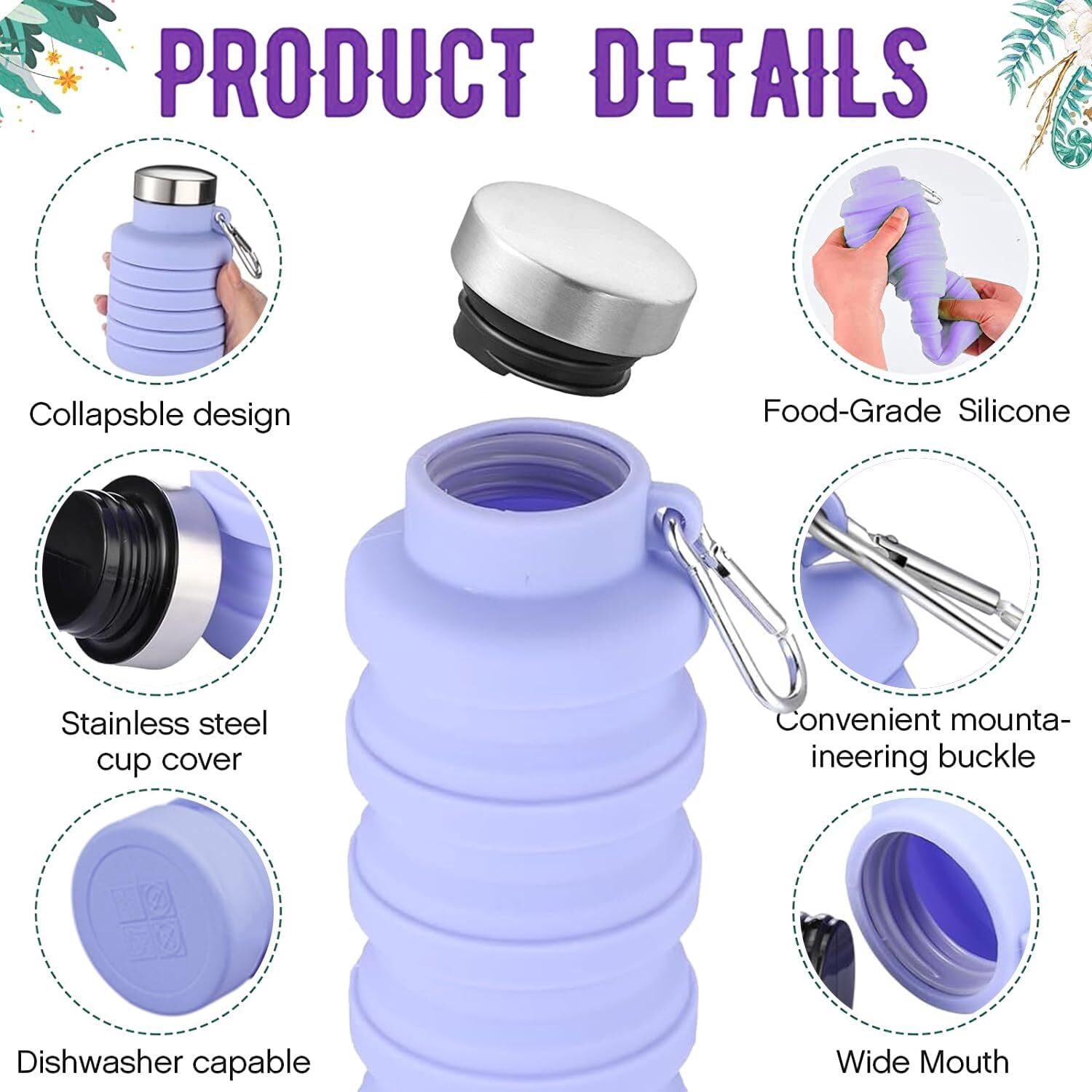 Collapsible Water Bottle,4 Pcs BPA Free Reuseable Silicone Foldable Leakproof 16oz Water Bottles,Portable Lightweight Water Bottles with Carabiner for Travel Gym Camping,Hiking Outdoor Indoor Sports