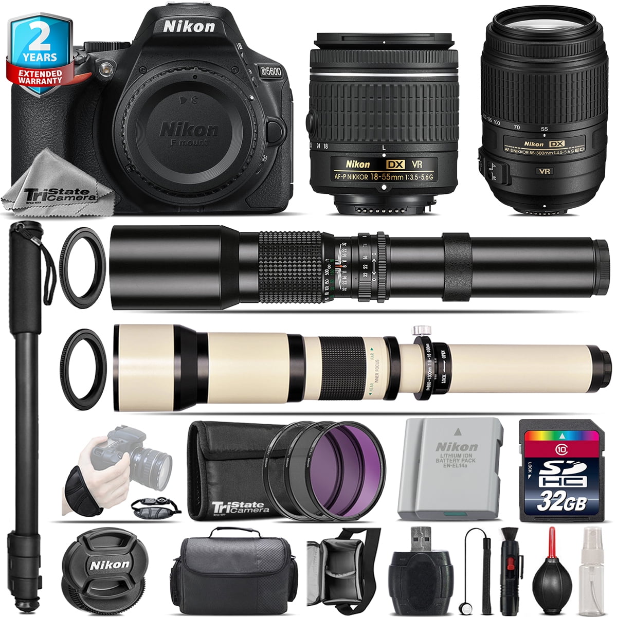 Nikon D5600 DSLR + AF-P 18-55mm VR + AFS 55-300mm VR + 500