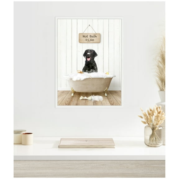 Kate and Laurel Black Lab in Farmhouse Hot Bath Framed Canvas Wall Art by Amy Peterson 18 x 24 Sylvie White, Traditional, Animals, Humor, Bathroom Art for Wall Decor, Living Room, Bedroom