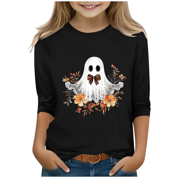 Riecok Kids Halloween Shirts Round Neck Ghost Printed 3/4 Sleeve Tees Shirts for Boys Girls Black 3-4Years