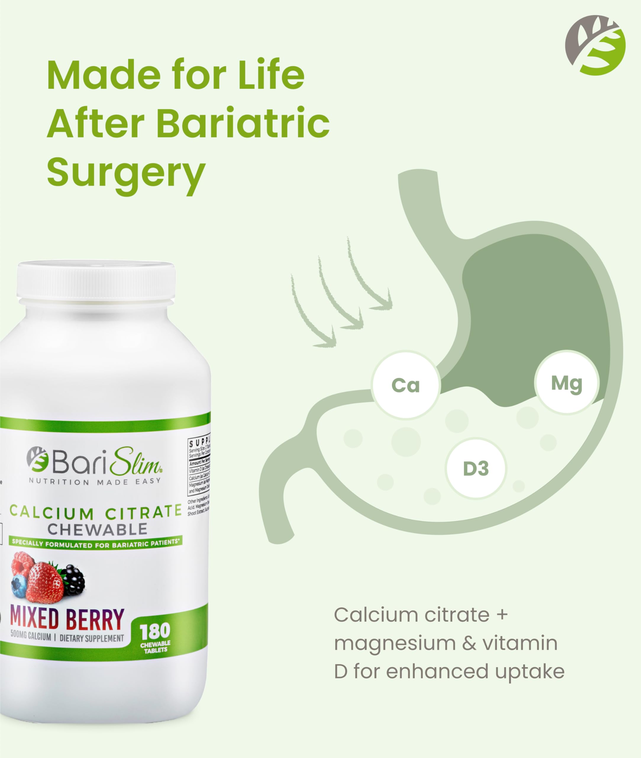 BariSlim Calcium Citrate Chewable Tablets with Magnesium & Vitamin D for Bone Health & Recovery, Adults, 90 Count