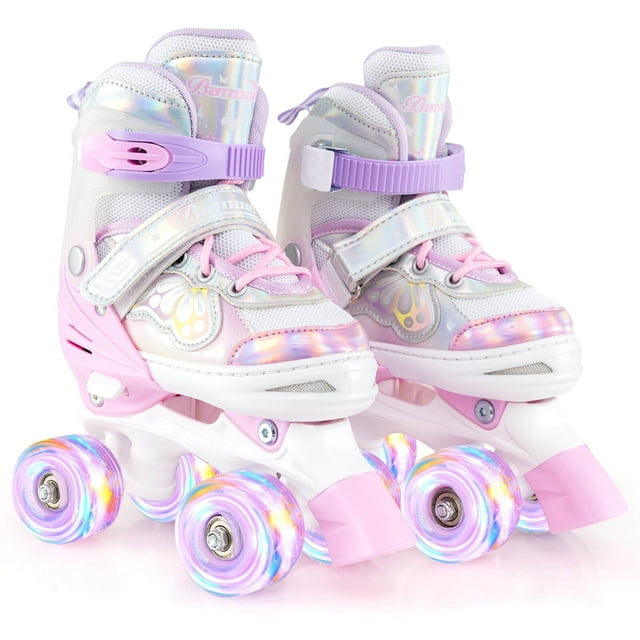 Costway Patins à Roulettes pour Enfants 4 Tailles Réglables Patins Quad avec Roues Lumineuses pour 5-8 Ans Rose
