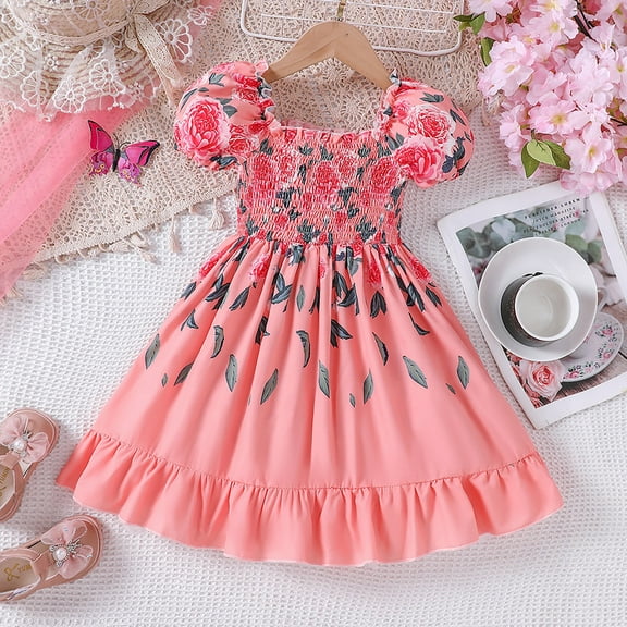 JUoaLXG Toddler Girls Casual Dresses Summer Rose Print Vacation Cute Comfortable Kids Dress Sportwear,Pink,3-4 Years