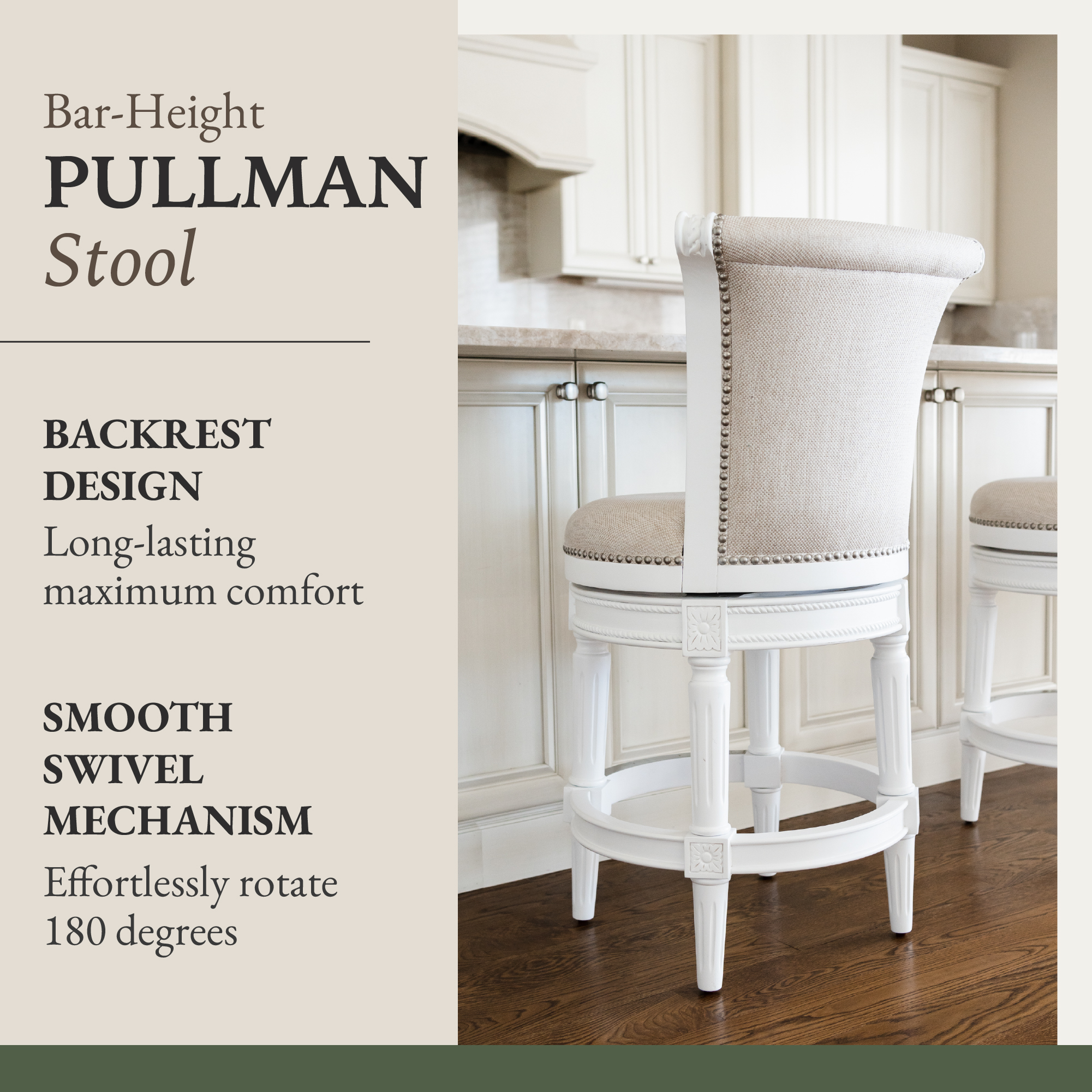 Sgabello Da Bar Alto Maven Lane Pullman Con Schienale - Finitura Rovere Stagionato, Seduta In Tessuto Sabbia - Girevole 180°, Rivestimento A Chiodi - Altezza 66 Cm (banco)