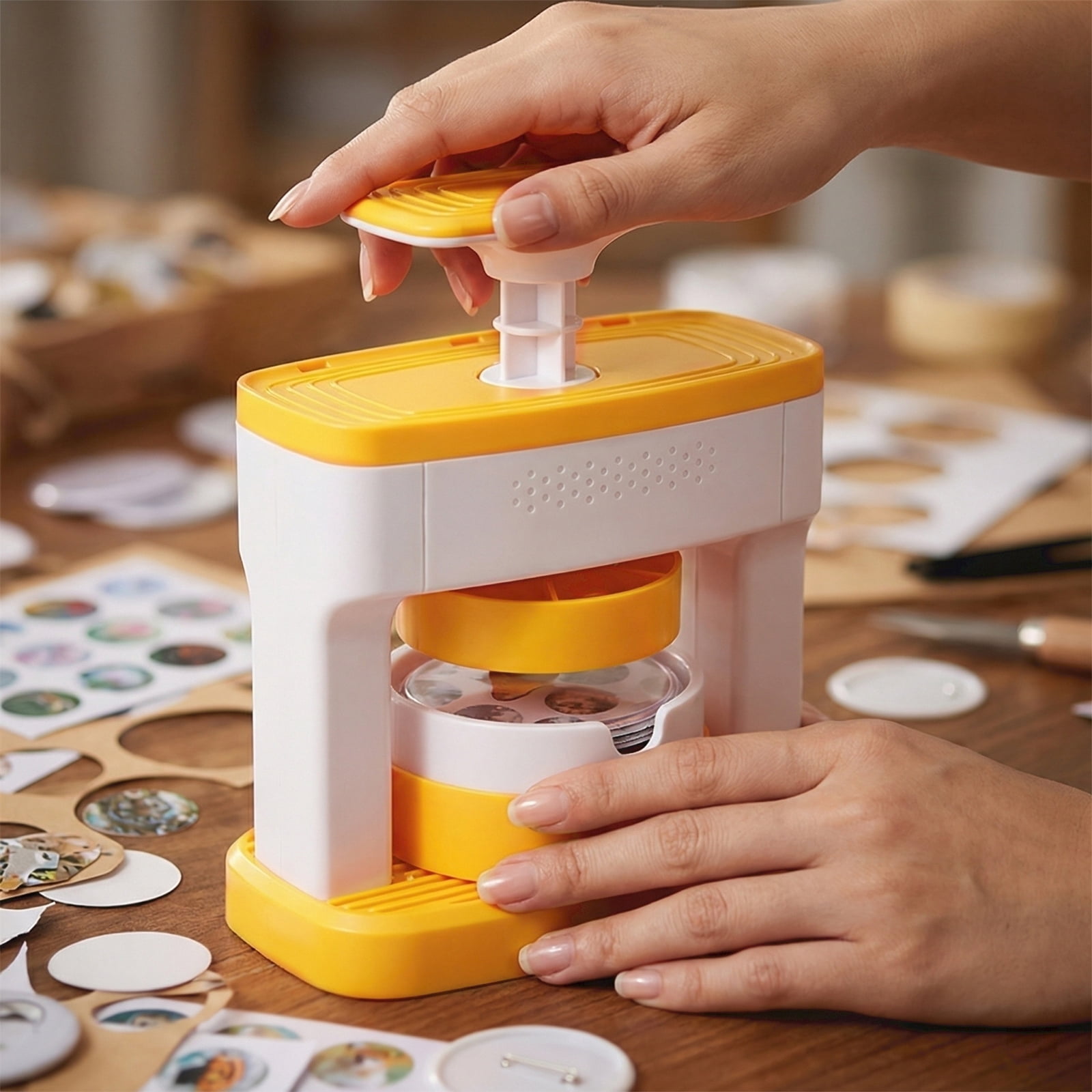 Badge Maker Machine, Pin Maker Machine Kit, 58Mm, Button Making Supplies, Yellow, Circle Paper Cutter, 48 Pc Covers, 48 Pc Bases, 1 Pc Machine, 1 Pc Cutter, Valentines Craft