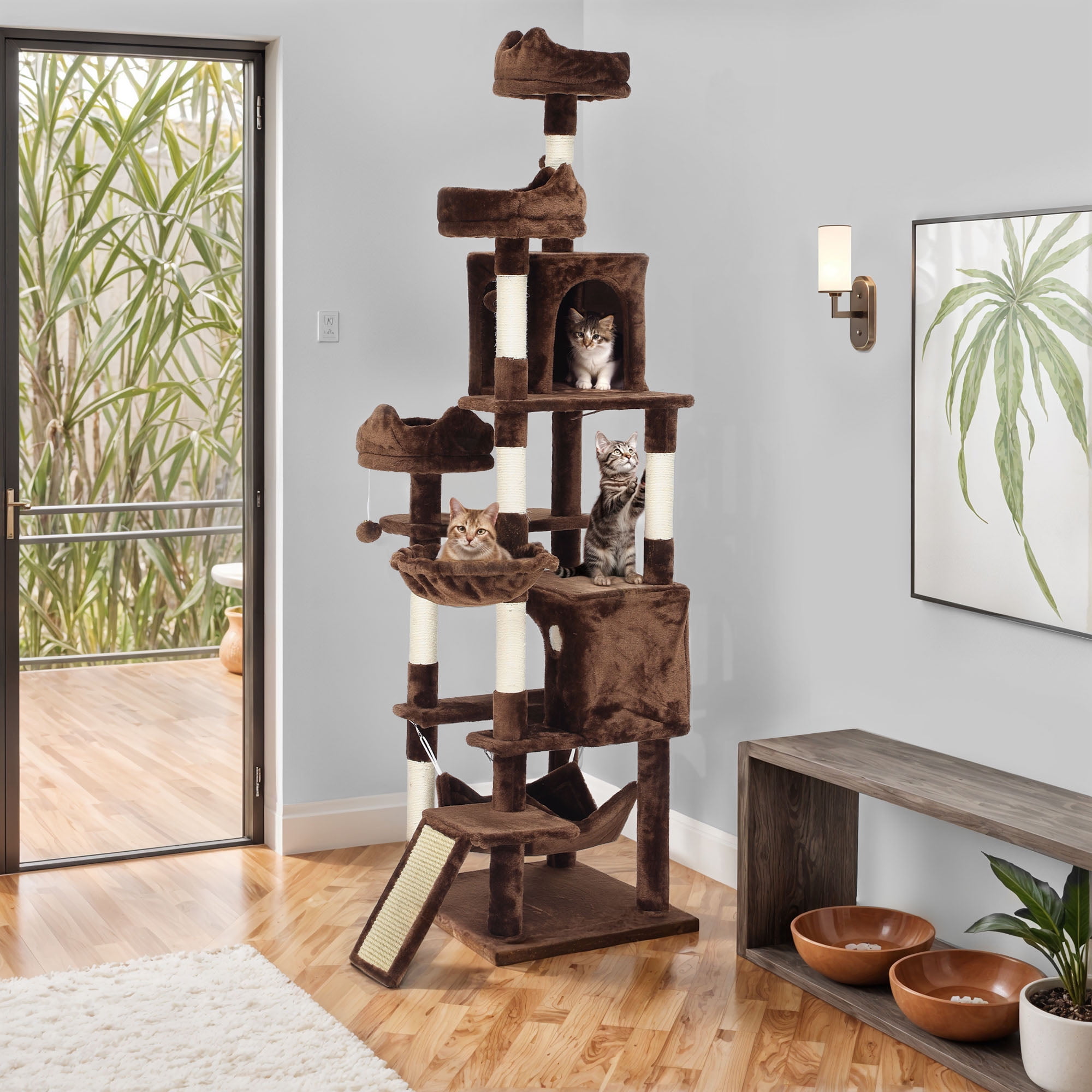 Uforic 75" Cat Tree Multi-Level Tower with Condos, Hammocks & Scratching Posts, Brown