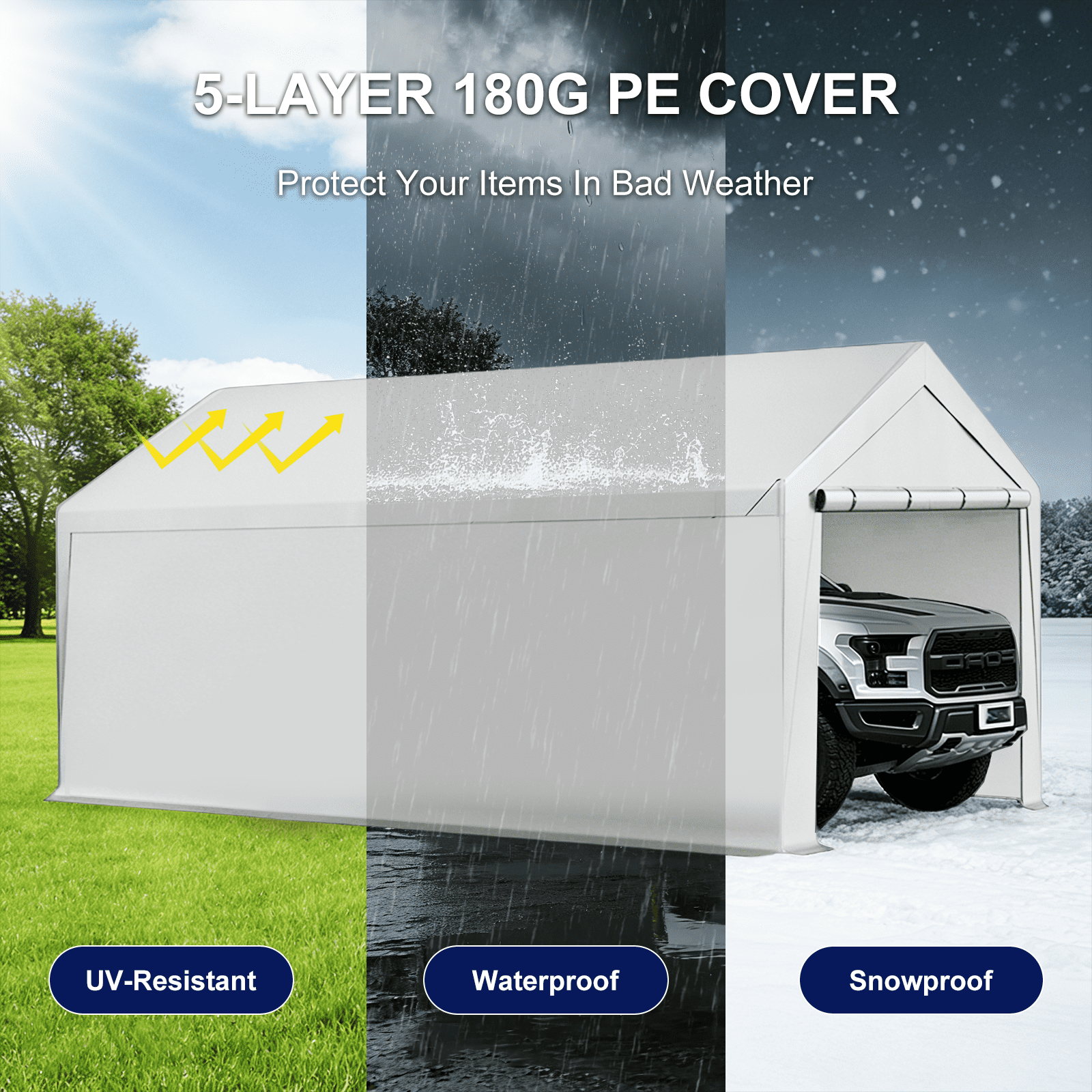 TANGJEAMER 20x10 ft Heavy Duty Carport with Roll-up Door – Fully Enclosed Side Walls, 180G PE Portable Garage, Weatherproof Shelter for Cars, Trucks & Storage (White)