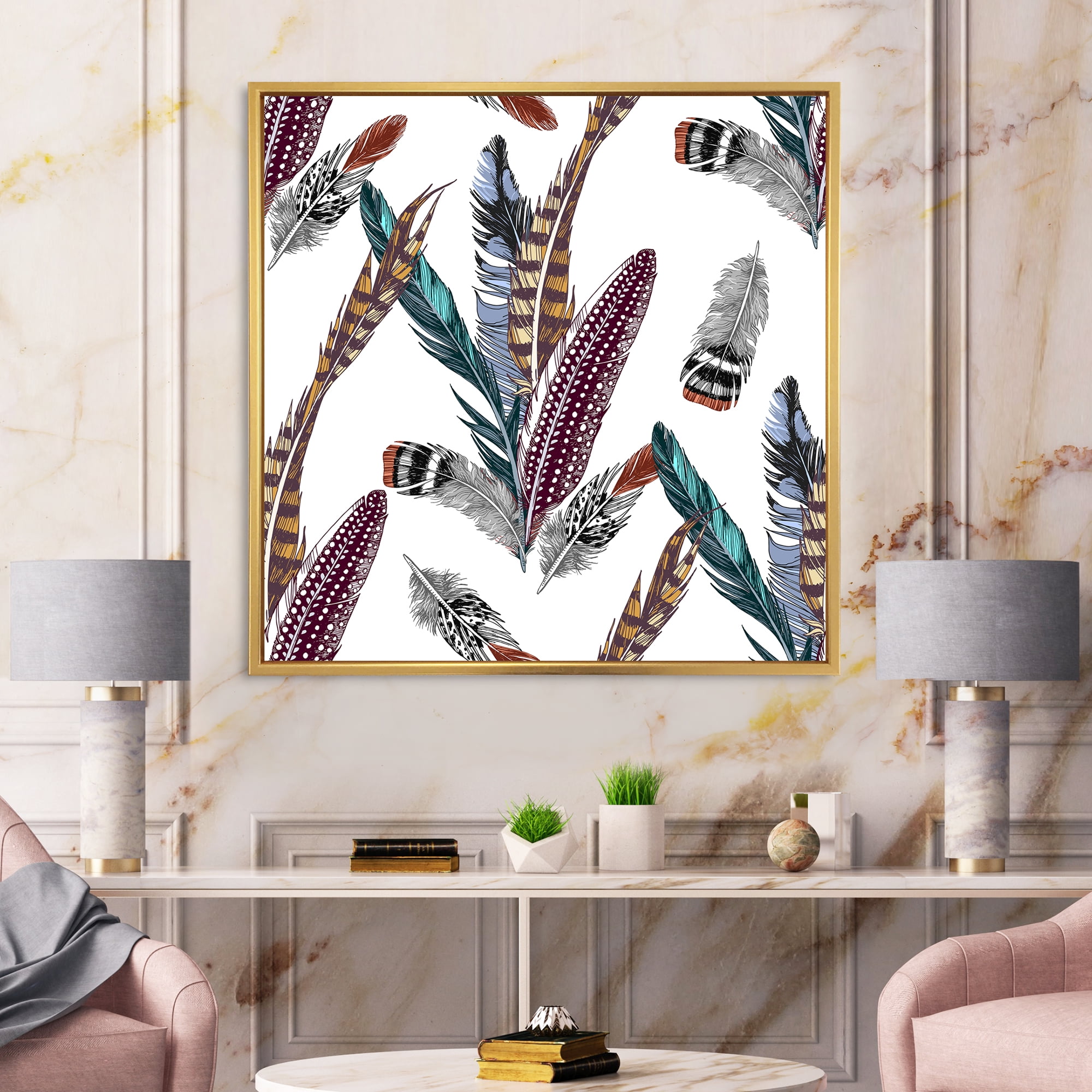 Designart 'Colourful Boho Art Feather Set V' Bohemian & Eclectic Framed Canvas Wall Art Print