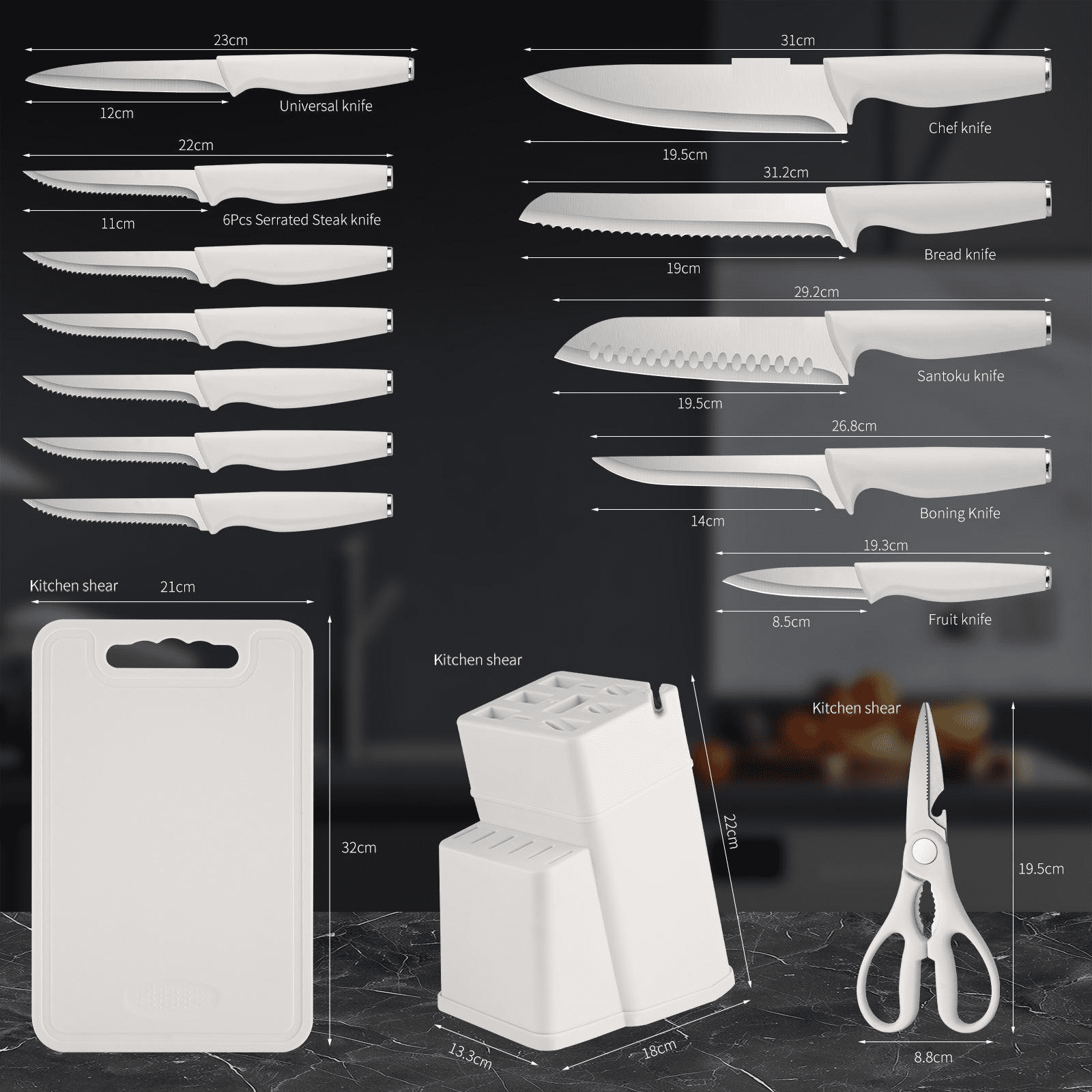 Jozram 15-Piece Kitchen Knife Block Set, Dishwasher Safe Stainless Steel Cutlery, beige