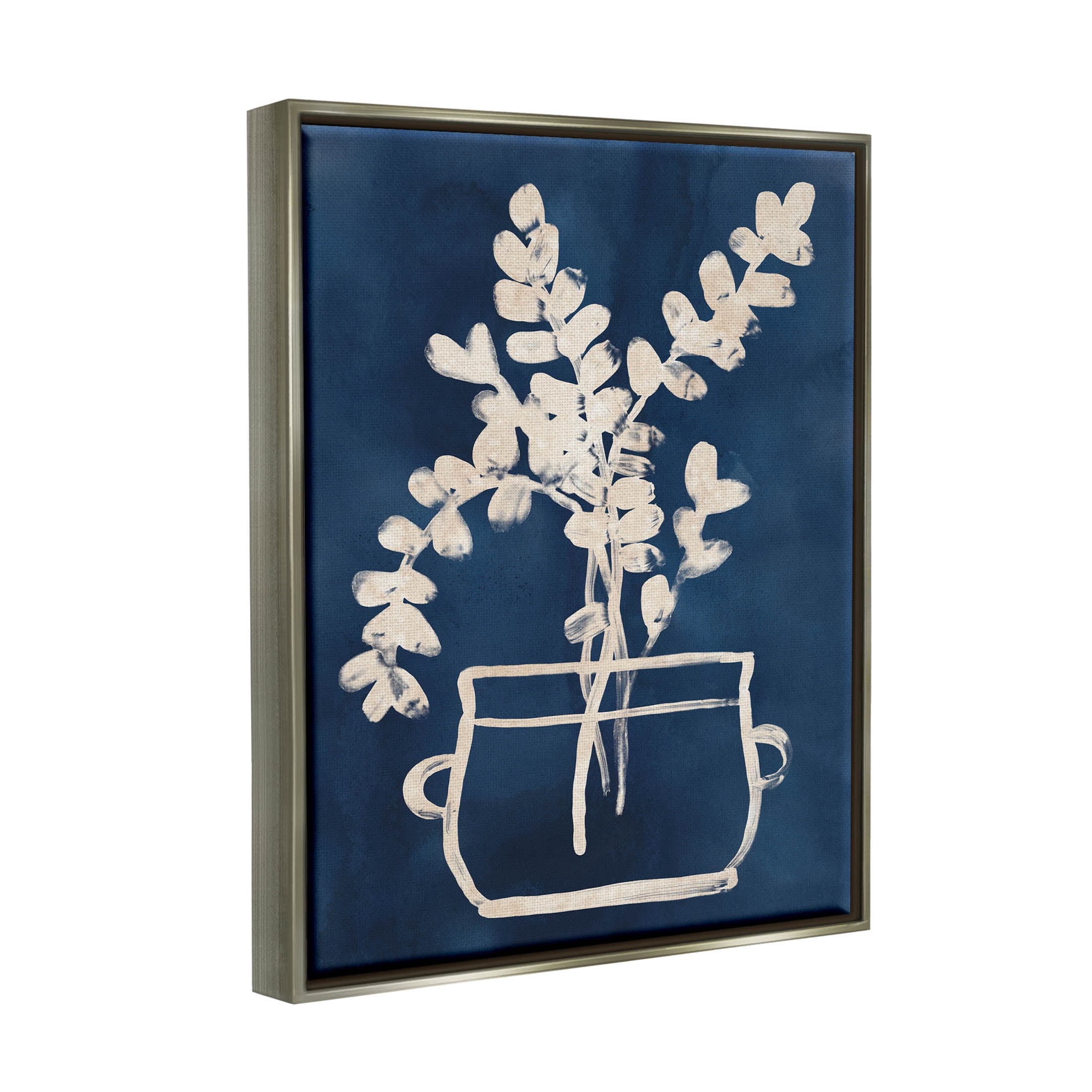 Stupell Industries Blue Plant Herbs Outline Graphic Art Luster Gray Floating Framed Canvas Print Wall Art, Design by June Erica Vess