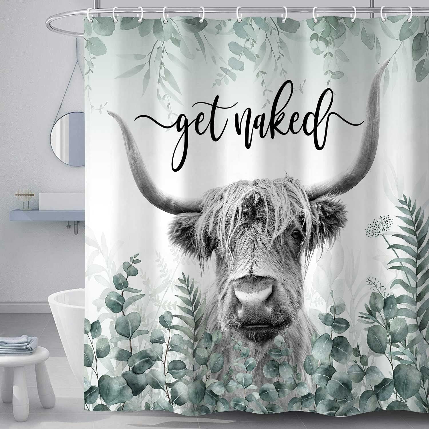 Cow Shower Curtain, Highland Bull Vintage Eucalyptus Sage Green Leaves