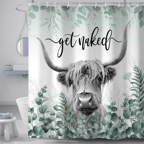 Cow Shower Curtain, Highland Bull Vintage Eucalyptus Sage Green Leaves Shower Curtain Set, Farmhouse Get Naked Cute Cow Teal Plant Bath Funny Animal Art Bathtub Decor with Hooks, 72X72Inch
