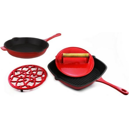 

BergHOFF Cast Iron Set 4pc Red (10 Fry Pan 11 Grill Pan Steak Press Apple Trivet)