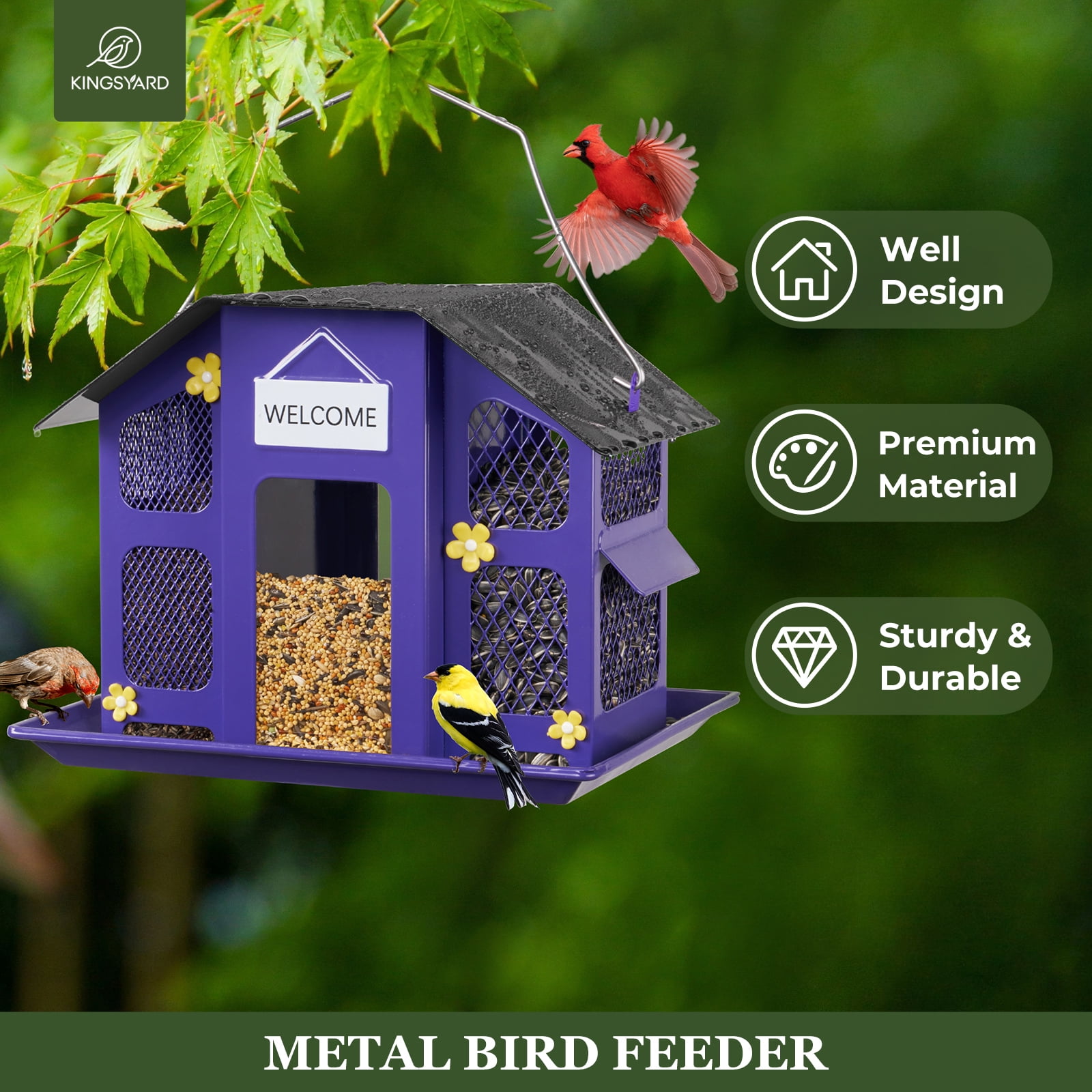 Kingsyard Metal Wild Bird Feeder House for Outdoor Hanging with Triple Feeders, Weatherproof, Purple